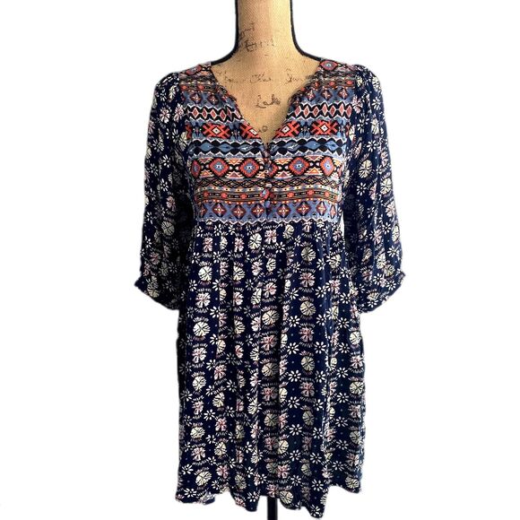 Umgee Dresses & Skirts - Umgee USA‎ Mini Peasant Dress Navy Blue Mixed Print Boho Southwestern Size Small